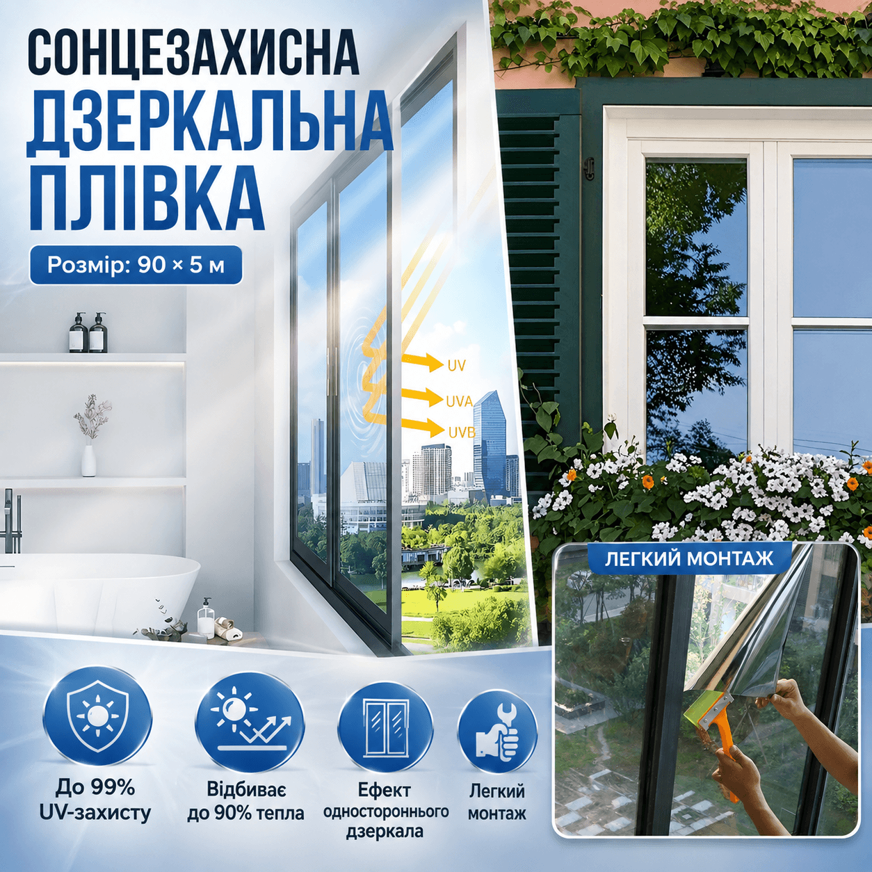 Дзеркальна сонцезахисна плівка на вікна 90 см × 5 м, срібляста тонувальна плівка з UV-захистом