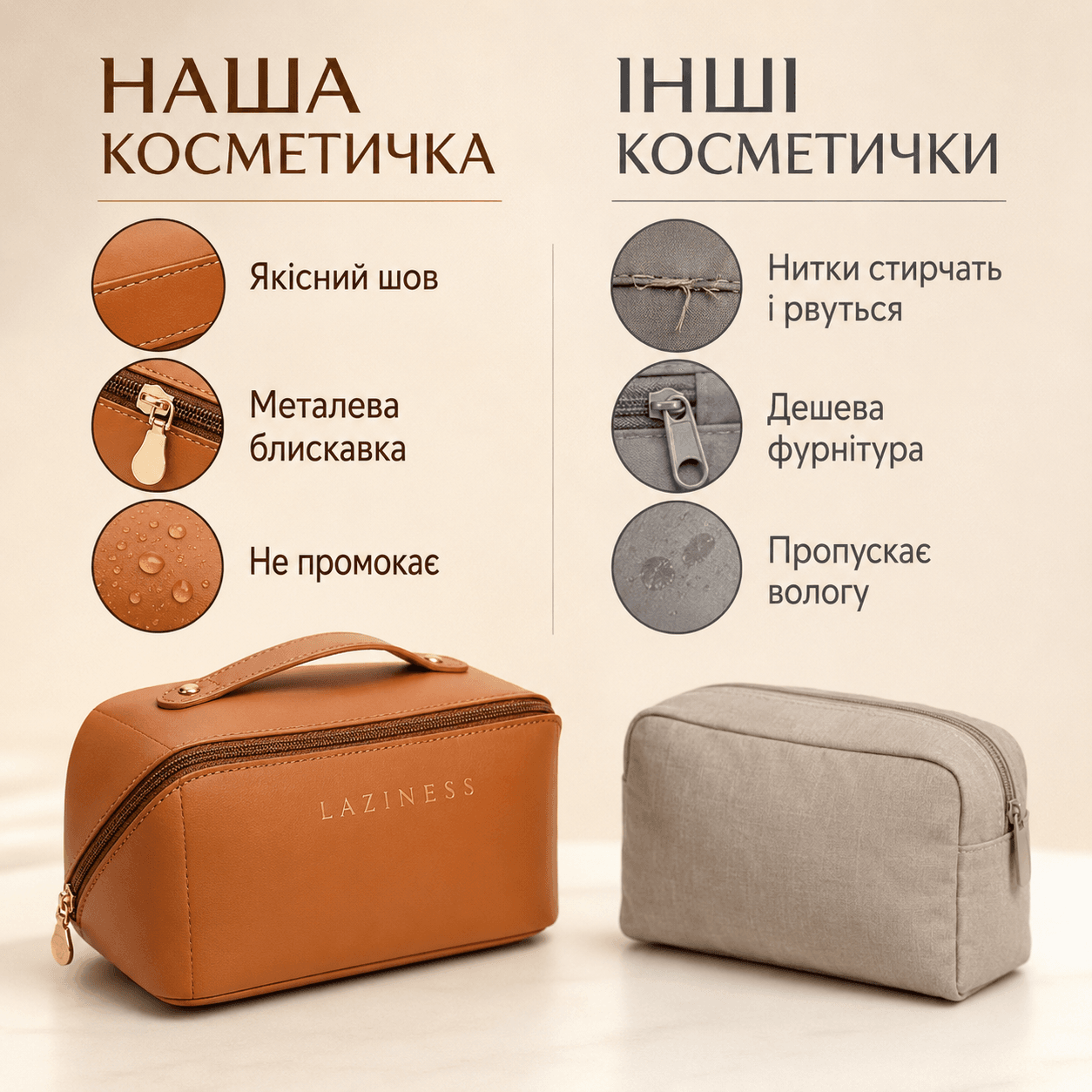 Дорожня косметичка-органайзер AND XL-1010 коричнева жіноча із 7 відділеннями, екошкіра, блискавка та ручка для перенесення