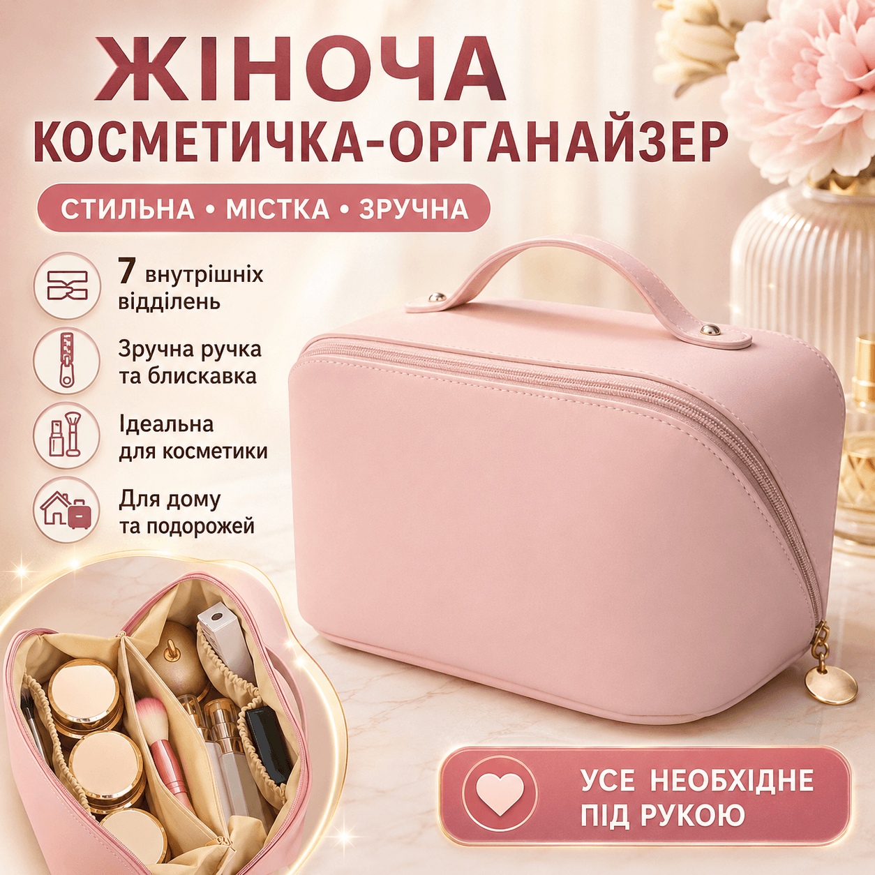 Пудрова косметичка для косметики AND XL-1010 жіноча дорожня, органайзер з екошкіри із 7 відділеннями, ручкою та блискавкою