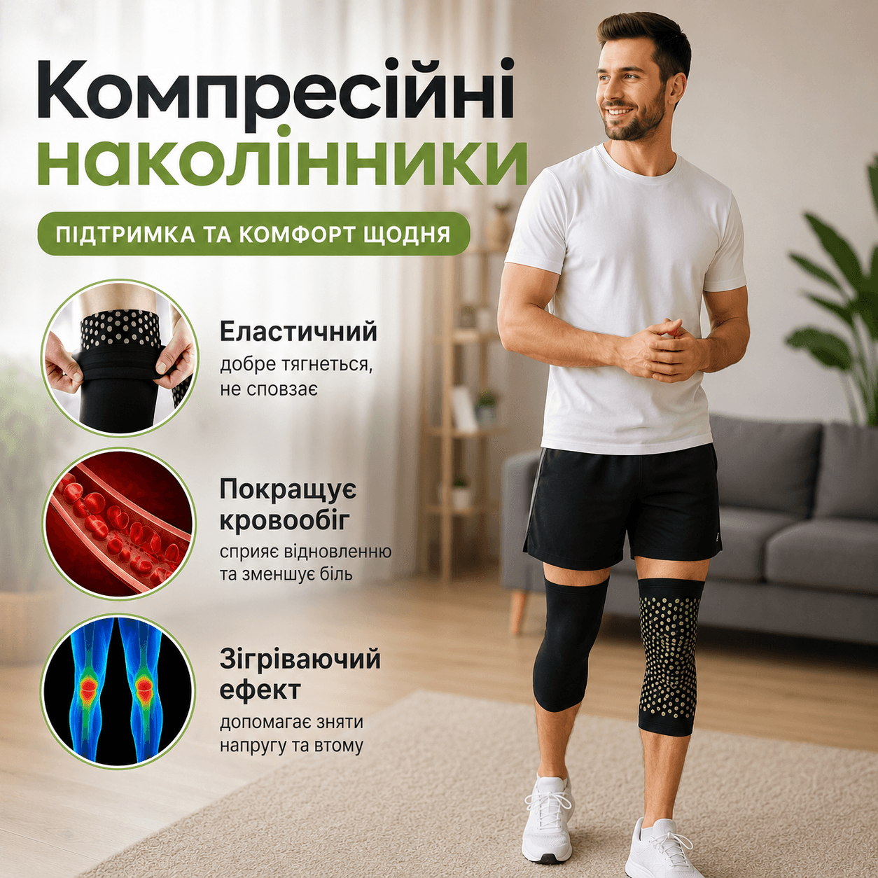 Компресійний наколінник/еластичний бандаж SELF-HEATING зелений XL/ Ортез на колінний суглоб