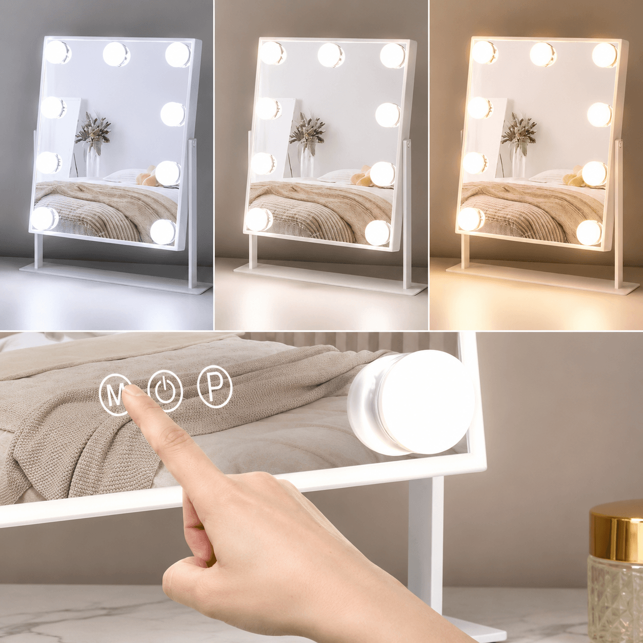 Косметичне дзеркало, з підсвіткою, Голлівудське, 9 LED, 10Х, Біле/Дзеркало з лампочками/Настільне дзеркало для макіяжу