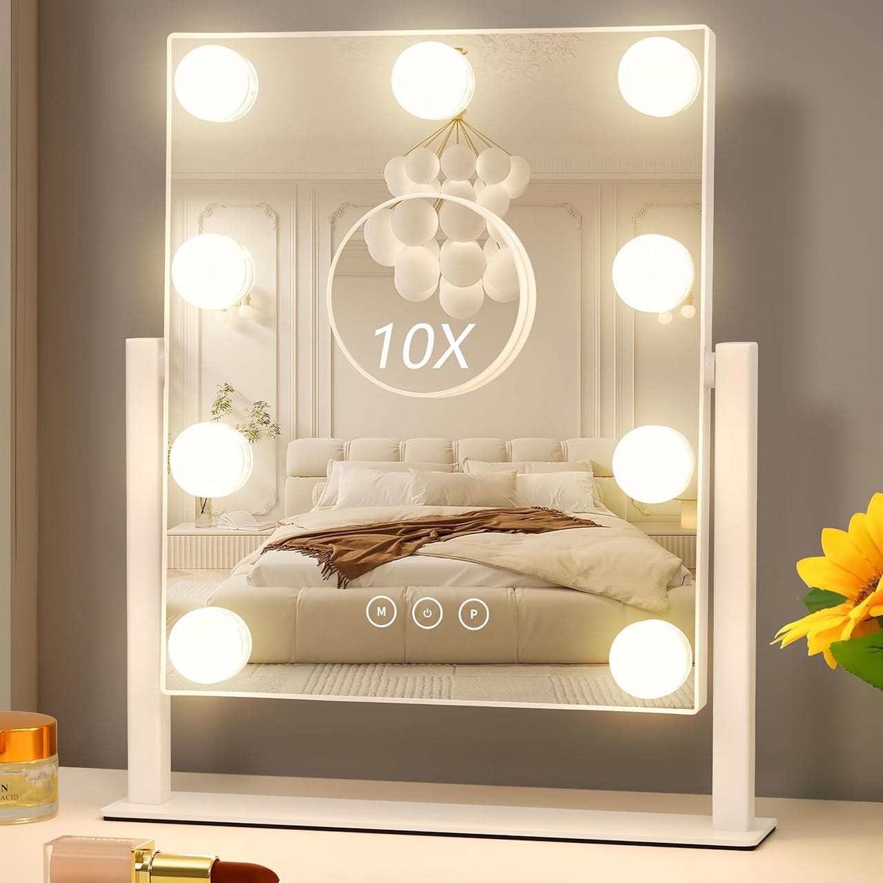 Косметичне дзеркало, з підсвіткою, Голлівудське, 9 LED, 10Х, Біле/Дзеркало з лампочками/Настільне дзеркало для макіяжу