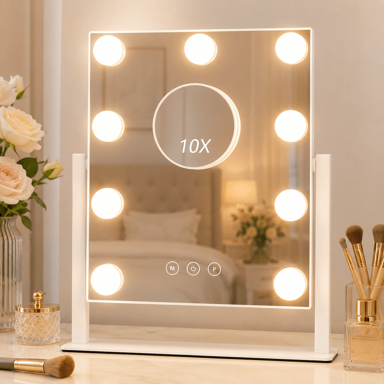Косметичне дзеркало, з підсвіткою, Голлівудське, 9 LED, 10Х, Біле/Дзеркало з лампочками/Настільне дзеркало для макіяжу