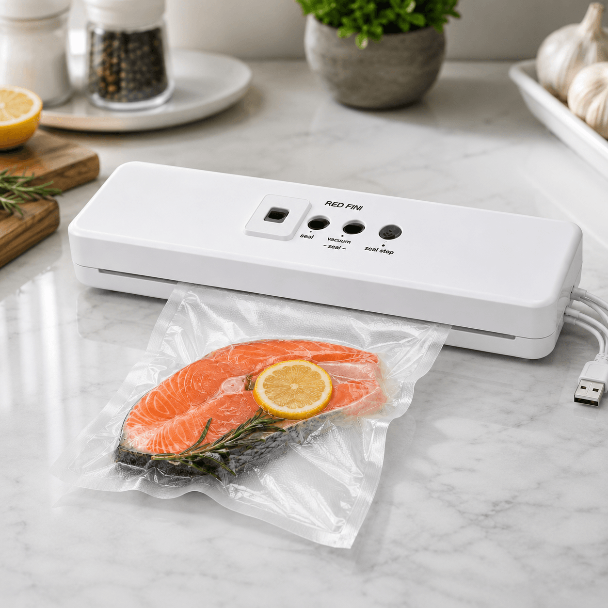 Вакуумний пакувальник RED AN373 для сухих і вологих продуктів, 90 Вт, до 60 кПа, USB, білий