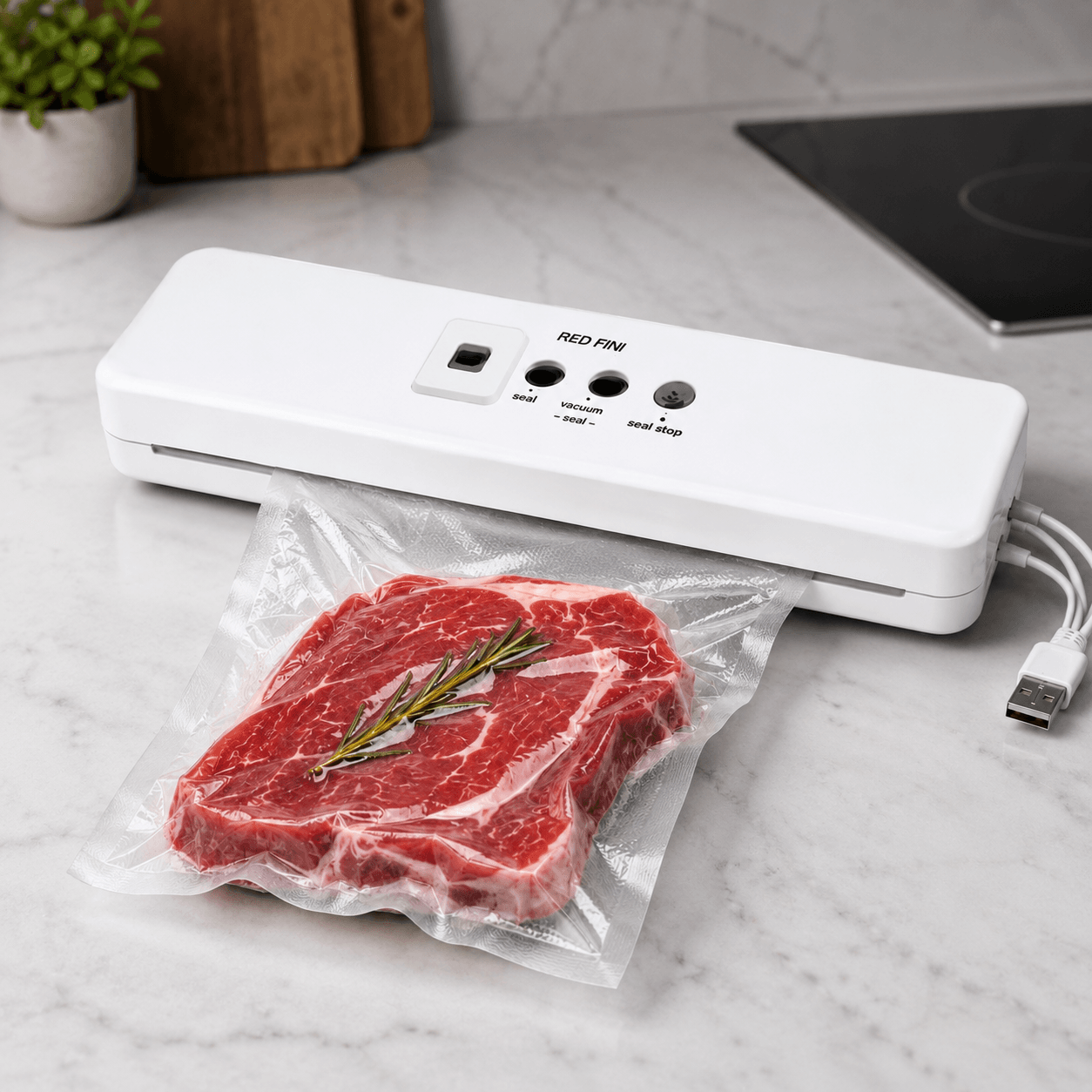 Вакуумний пакувальник RED AN373 для сухих і вологих продуктів, 90 Вт, до 60 кПа, USB, білий
