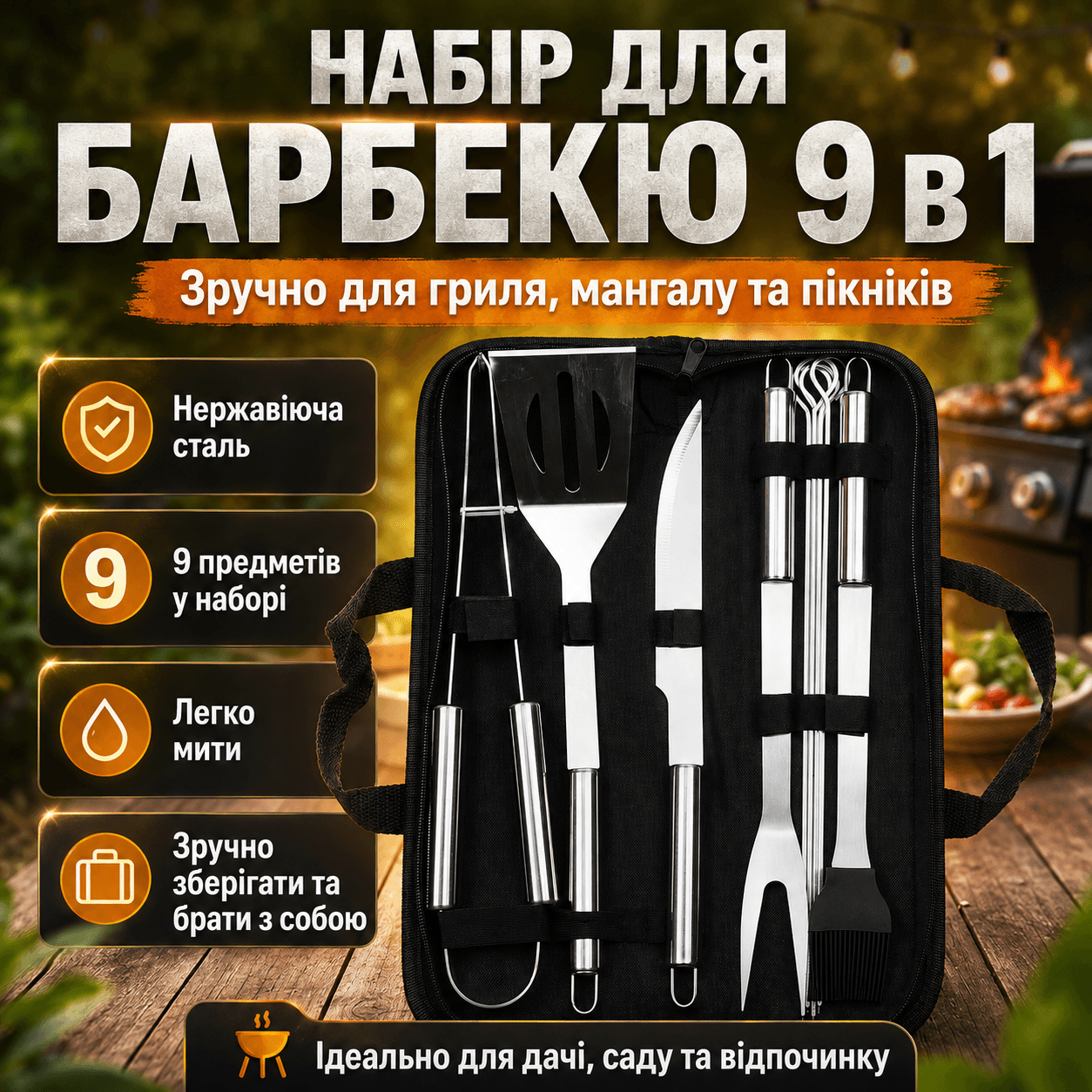 Набір для гриля та барбекю 9в1 з неіржавкої сталі, Чорний/комплект інструментів для шашлику/ Інструменти для барбекю
