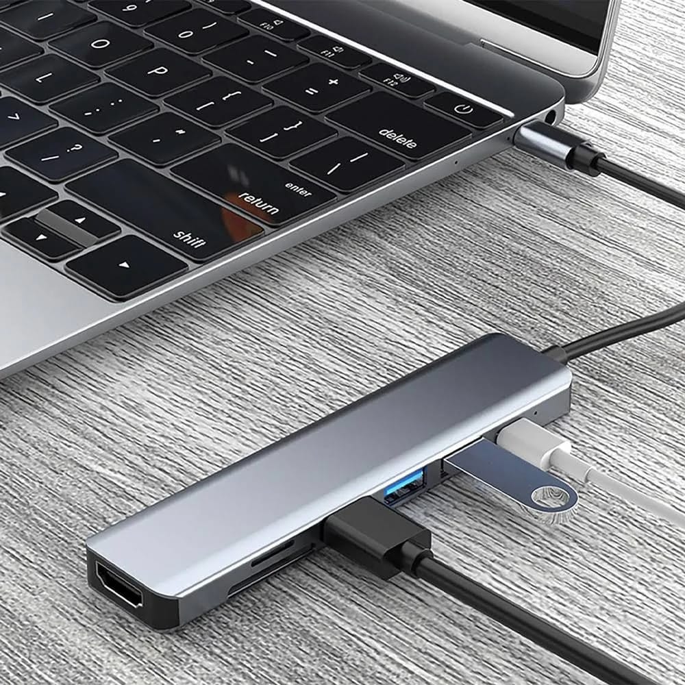 USB-хаб 7в1, Type-C to HDMI + SD + TF + 3xUSB + PD, Сірий / USB розгалужувач для ноутбука / ЮСБ хаб