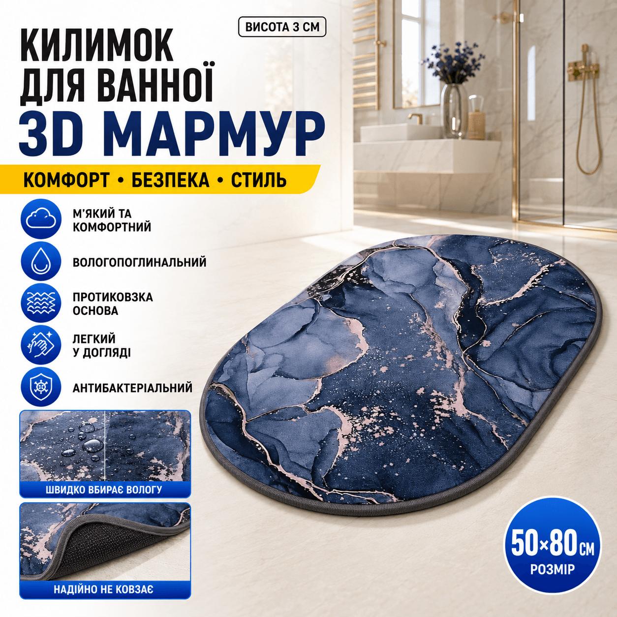 Вологопоглинаючий килимок для ванної , 80х50 см, Синій / Антиковзкий килимок у ванну / Килимок на гумовій основі